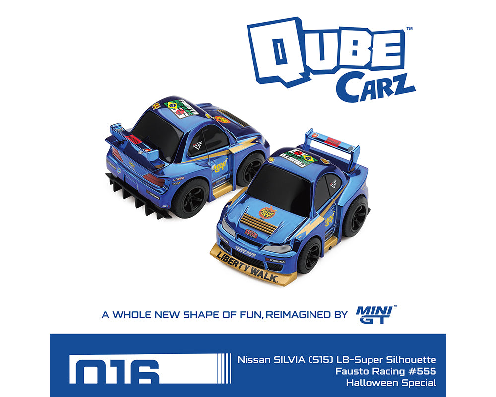 Two blue and gold Mini GT Qube Carz toy cars designed to look like a Nissan Silvia (S15) LB-Super Silhouette with Fausto Racing #555 Halloween Special livery, shown on a white background with the Qube Carz and Mini GT branding.