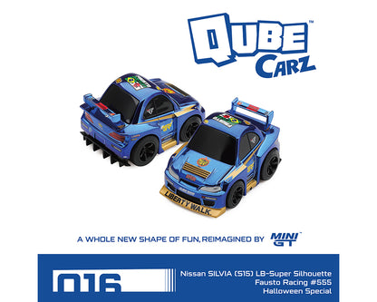 Two blue and gold Mini GT Qube Carz toy cars designed to look like a Nissan Silvia (S15) LB-Super Silhouette with Fausto Racing #555 Halloween Special livery, shown on a white background with the Qube Carz and Mini GT branding.