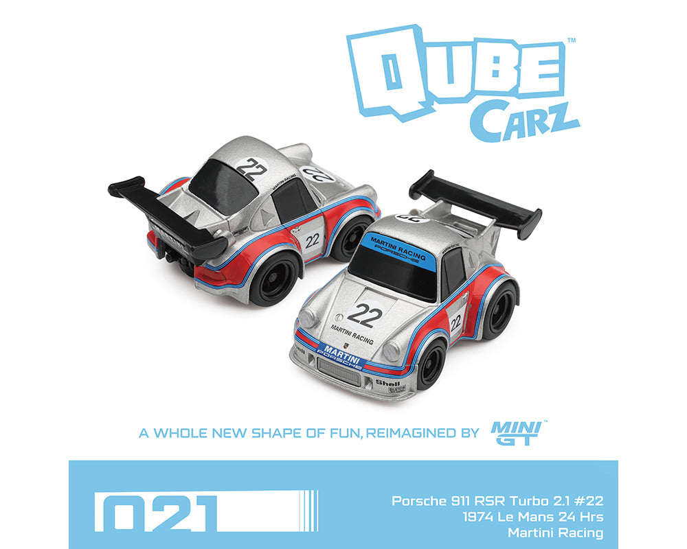Two silver and red miniature toy race cars from N21 Qube Carz, designed to look like a Porsche 911 RSR and a Le Mans racing car, on a white background with brand logos.