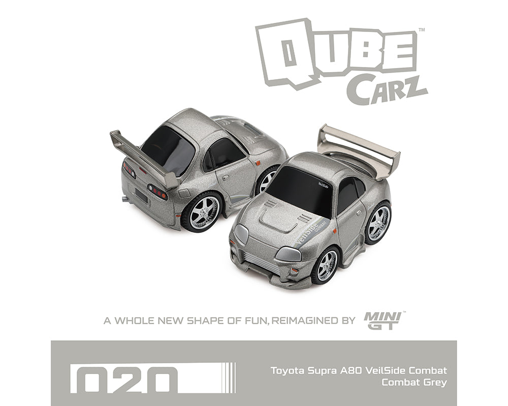 Two silver remote control toy cars shaped like a Toyota Supra A80, shown on a white background with 'Qube Carz' branding and product text.