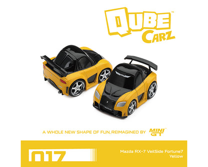 Two yellow and black toy cars from the Qube Carz Mini GT series, shown on a white background with yellow branding and text.