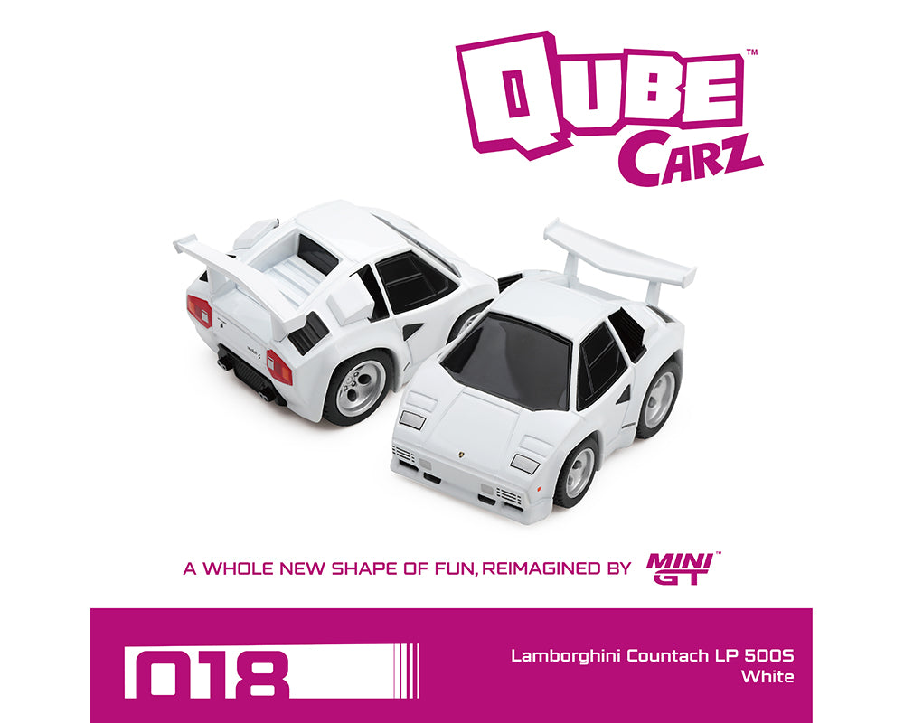 Two white N18 Qube Carz Lamborghini Countach LP 500S toy cars shown on a white background with a magenta N18 Qube Carz logo banner at the top and bottom.