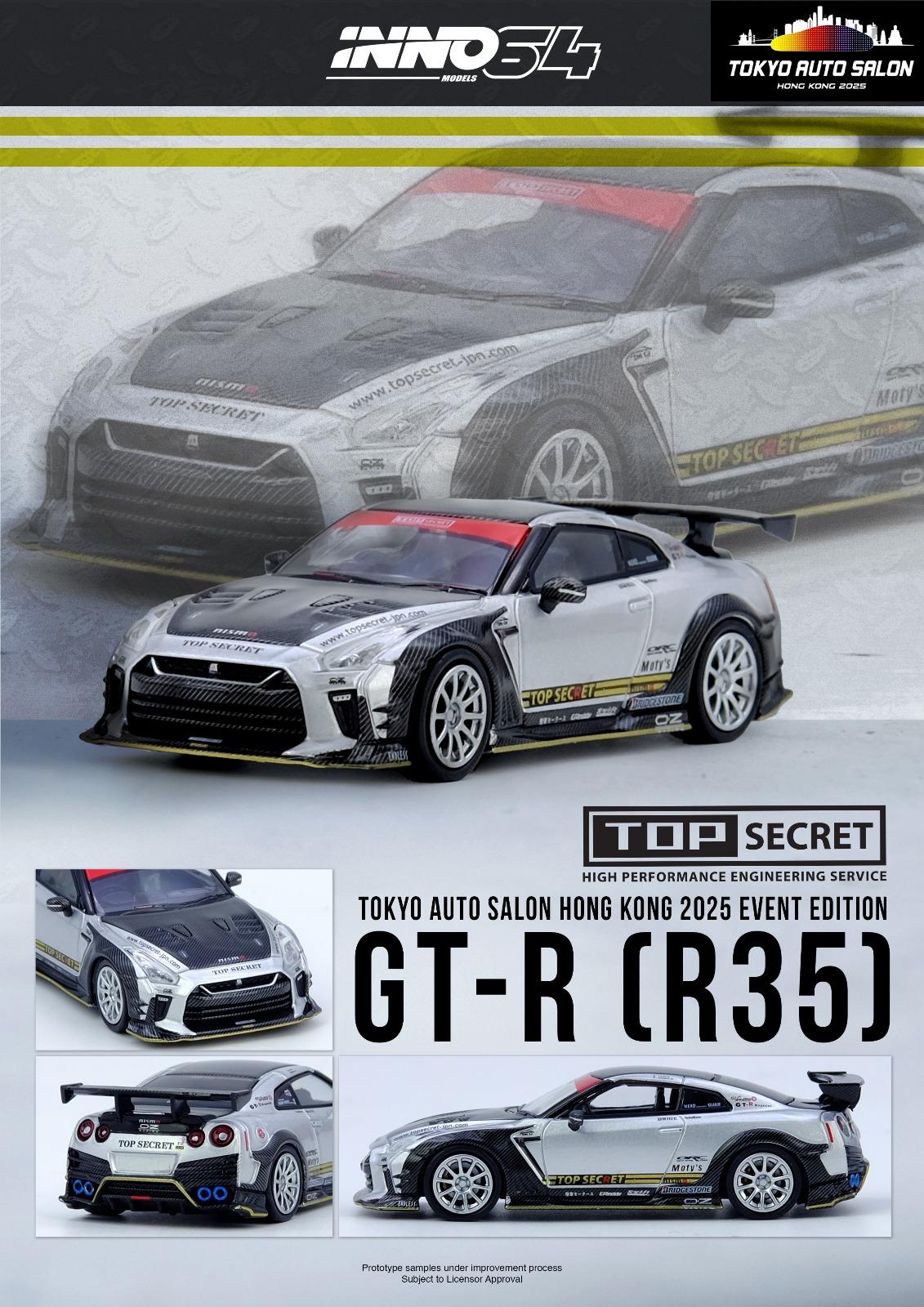 Model car of a GT-R (R35) with 'Top Secret' branding on a promotional background.