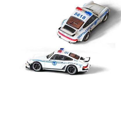 RHINO 1:64 Porsche 911 RWB 930 Miami Vice Police Car Diecast Model in White with Blue Police Stripes, Unit 5618, Red and Blue Roof Lights, Black Wheels and Rear Spoiler, Top and Side Views.