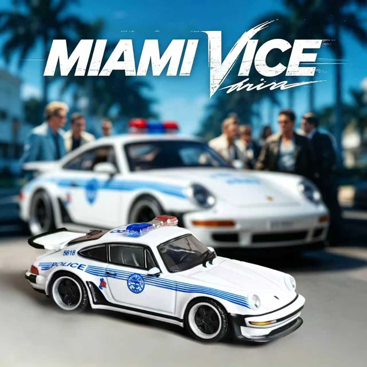 RHINO 1:64 Porsche 911 RWB 930 Miami Vice Police Car Diecast Model in White with Blue Police Stripes, Emergency Light Bar and Black Wheels