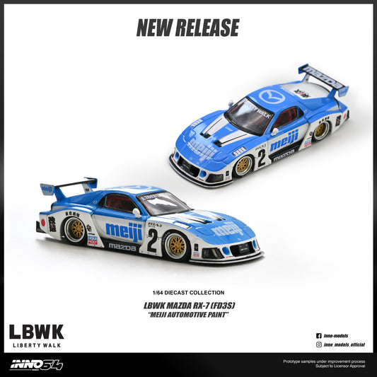 LBWK Liberty Walk 1/64 scale diecast model of a blue and white Mazda RX-7 FD35S race car with Meiji Automotive Paint livery, shown from two angles on a white background with product text.