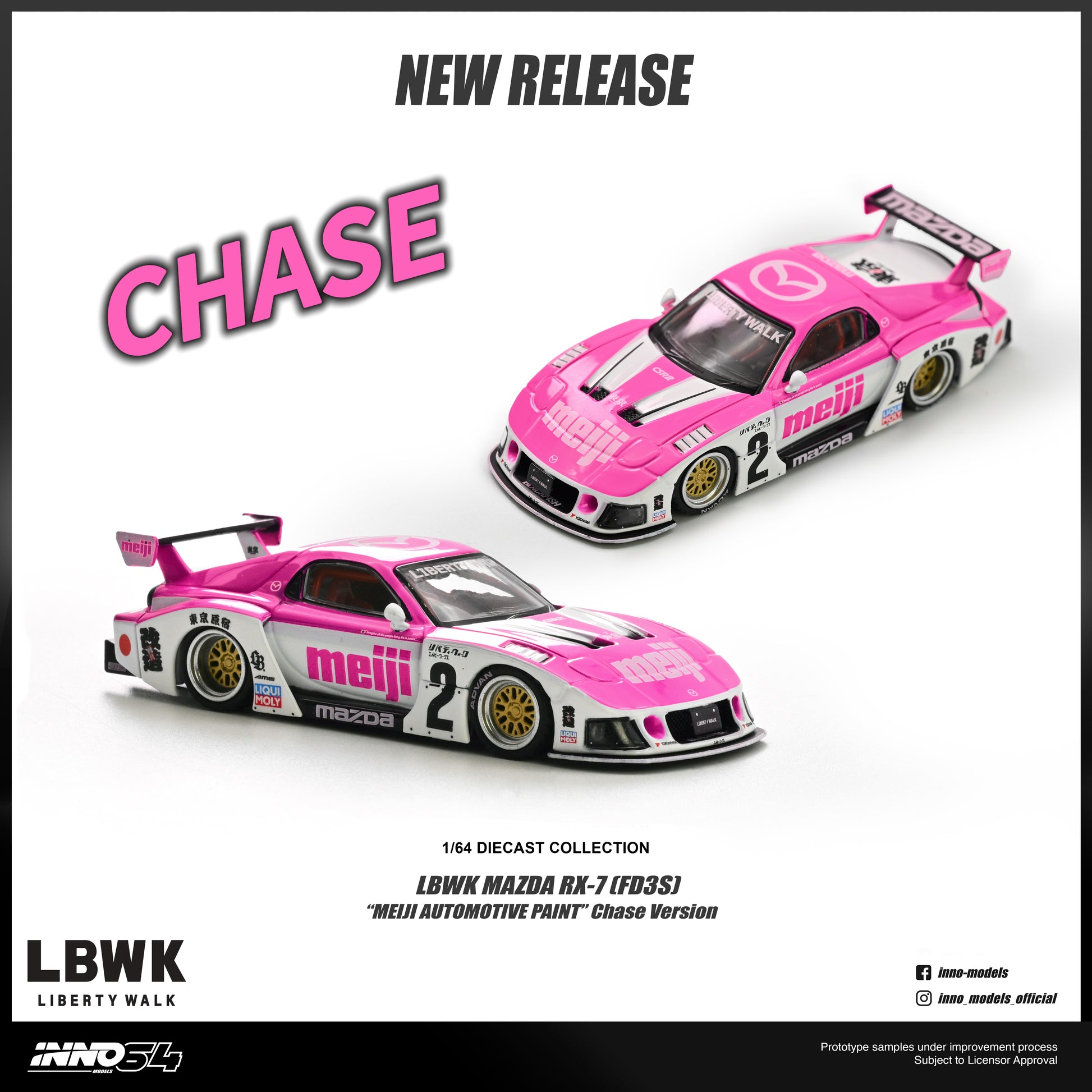 Promotional product graphic for a LBWK Liberty Walk 1/64 scale diecast model of the Meiji Mazda RX-7 (FDSJ) 'Meiji Automobile Point' Chase Version. The image features two pink and white race cars with silver and black detailing, set against a clean white background with promotional text overlays.