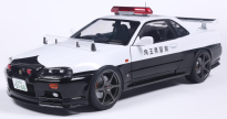 Model car of a police vehicle with a white body and black accents.
