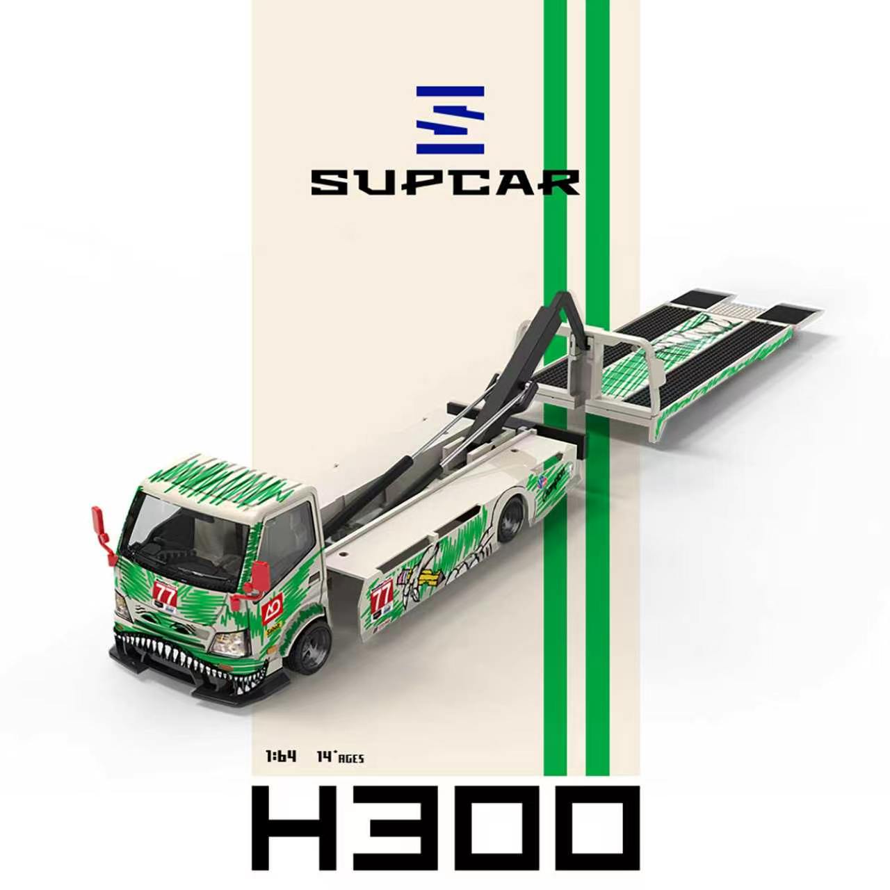 A 1/4 scale model of a green and white Supcar H300 race car transporter truck, shown on a clean white background with vertical green stripes and the SUPCAR logo.