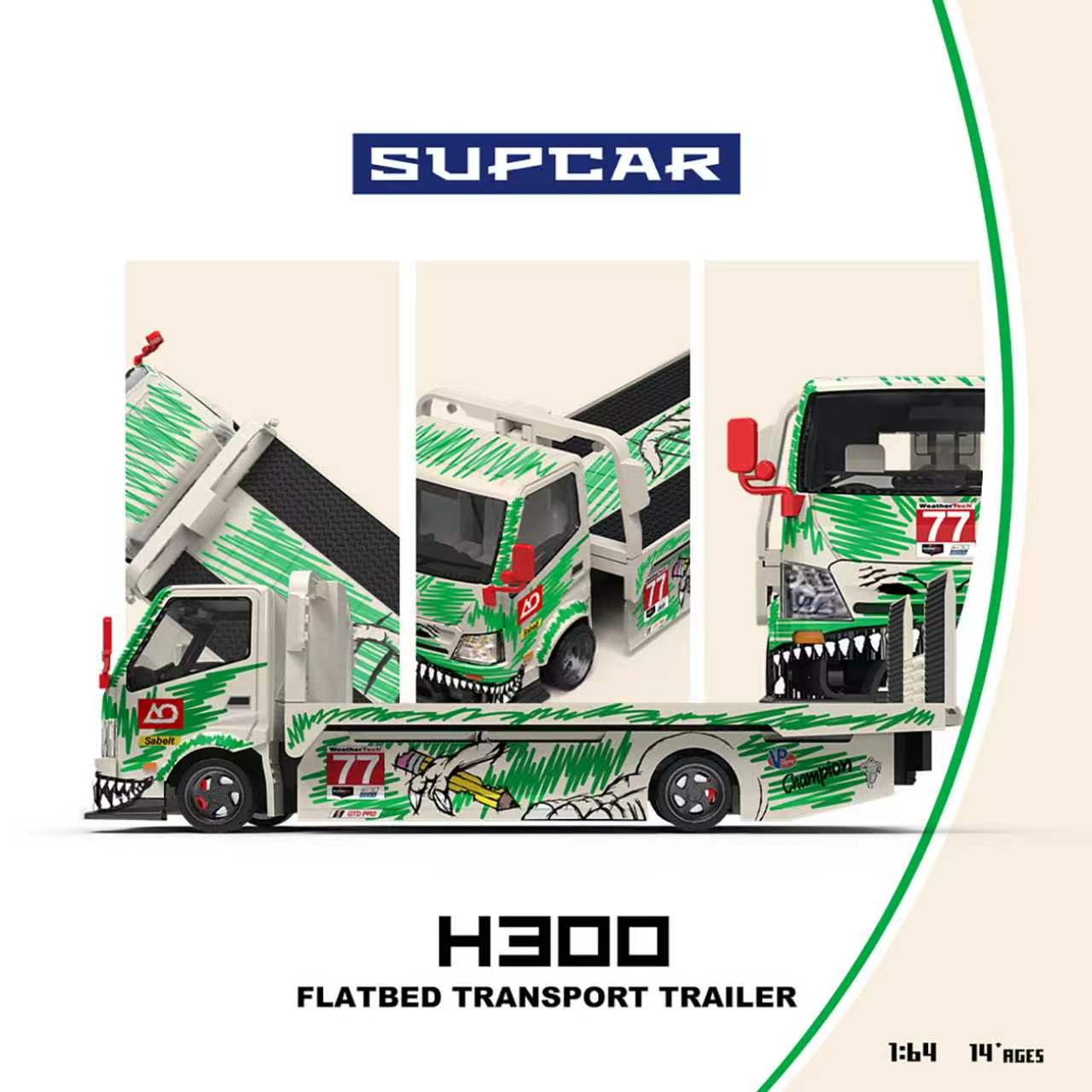 A 1:64 scale toy model of a green and white flatbed transport trailer truck with a shark-themed graphic design, shown in a multi-view layout with the brand name SUPCAR at the top.