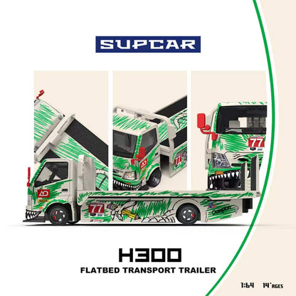 A 1:64 scale toy model of a green and white flatbed transport trailer truck with a shark-themed graphic design, shown in a multi-view layout with the brand name SUPCAR at the top.