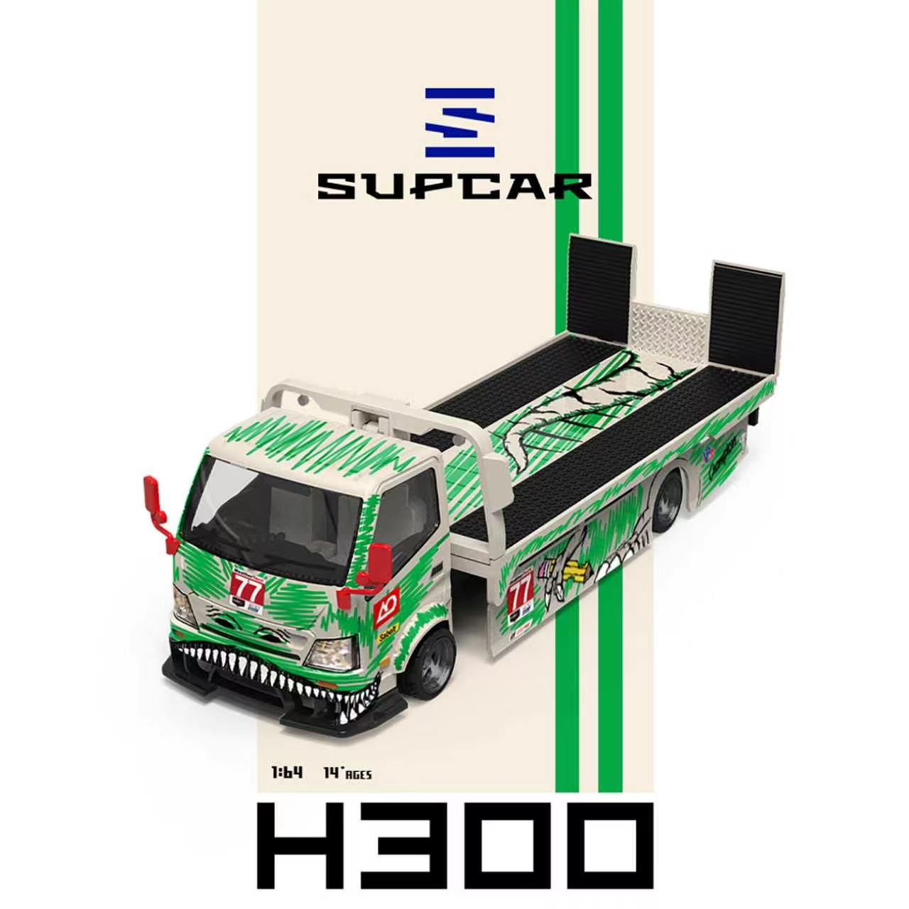 A green and white graphic livery H300 truck model by SUPCAR, featuring a custom shark-tooth front bumper, black flatbed ramps, and racing decals, set against a cream and green graphic background.