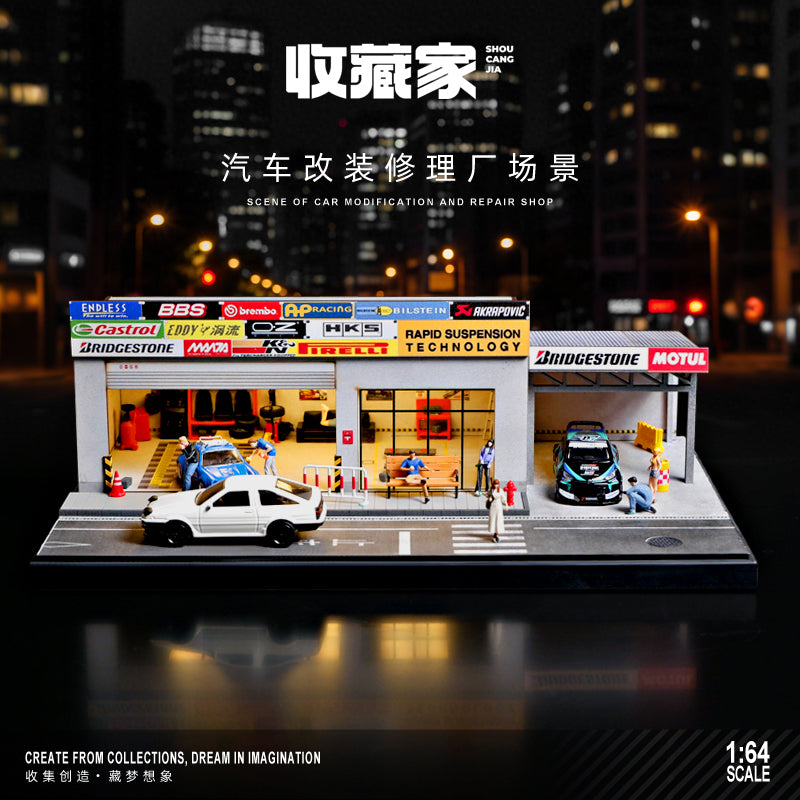 Shou Cang Jia 1:64 SCENE OF CAR MODIFICATION AND REPAIR SHOP [LARGE] SCJ82025-A