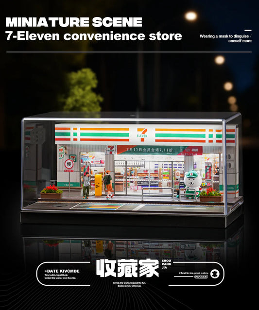 Miniature model of a 7-Eleven convenience store with people around it, set against a dark background.