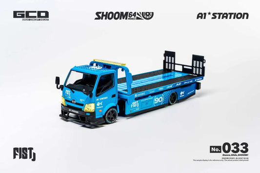 GCD SHOOM64 No.033 Blue FIST 90 Racing Flatbed Tow Truck Diecast Model with Rear Loading Ramps, Low Profile Car Carrier, Front Three-Quarter View