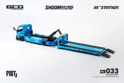 GCD SHOOM64 No.033 Blue FIST 90 Racing Flatbed Tow Truck Diecast Model with Detachable Sliding Flatbed, Extended Loading Ramps and Exposed Hydraulic Lift Mechanism