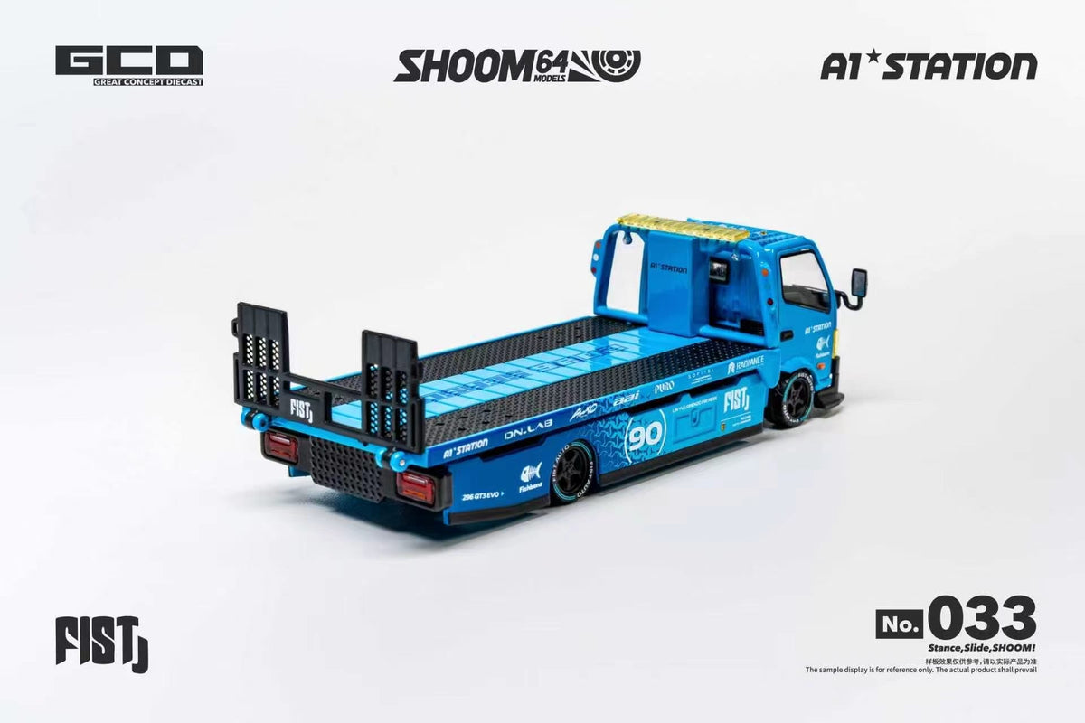 GCD SHOOM64 No.033 Blue FIST 90 Racing Flatbed Tow Truck Diecast Model, Rear Three-Quarter View with Detailed Loading Platform and Upright Rear Ramps