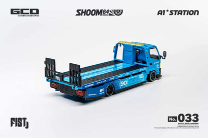GCD SHOOM64 No.033 Blue FIST 90 Racing Flatbed Tow Truck Diecast Model, Rear Three-Quarter View with Detailed Loading Platform and Upright Rear Ramps