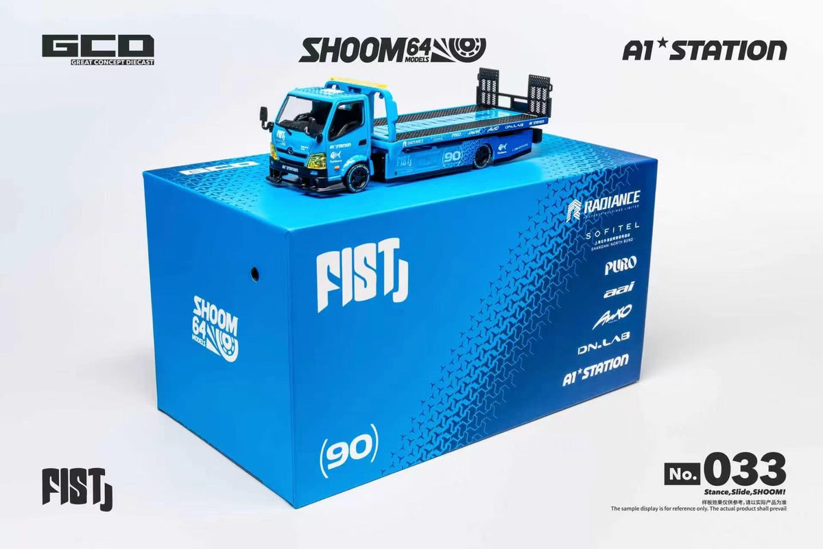 GCD No.806 Blue FIST 90 Racing Team Transport Truck Diecast Model Displayed on Original Blue Collector Packaging Box, Front Three-Quarter View