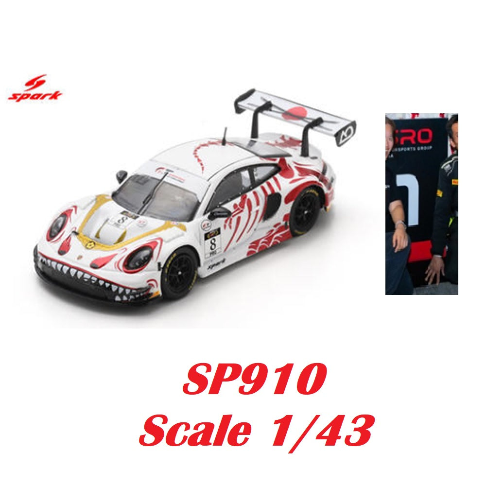 Spark 1:43 Porsche 911 GT3 R #8 SP910 white race car model with red dragon livery, gold accents, black wheels and large rear wing
