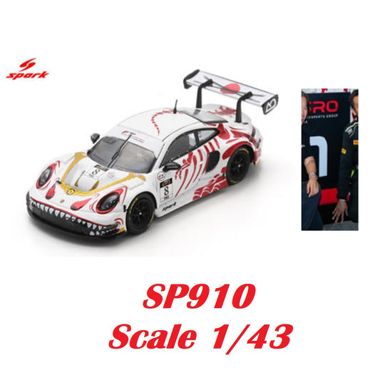 Spark 1:43 Porsche 911 GT3 R #8 SP910 white race car model with red dragon livery, gold accents, black wheels and large rear wing