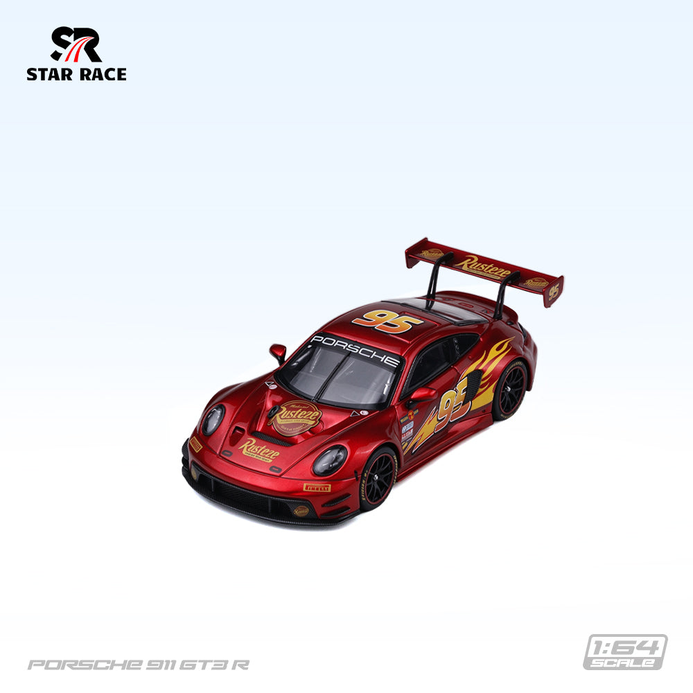 STAR RACE 1:64 Porsche 911 GT3 R Lightning McQueen #95 Red diecast model SR64054, front three-quarter view featuring metallic red Rust-eze racing livery, yellow lightning bolt graphics, black racing wheels, Porsche windshield banner, and large rear wing.