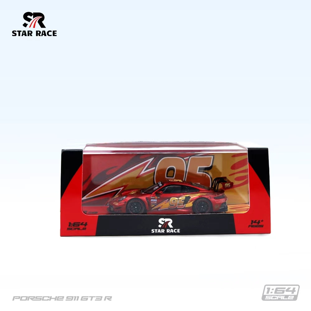 STAR RACE 1:64 Porsche 911 GT3 R Lightning McQueen #95 Red diecast model SR64054 in display packaging, featuring Disney Pixar Cars-inspired Rust-eze racing livery, yellow lightning bolt graphics, black racing wheels, and #95 themed collector box.