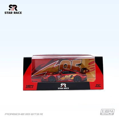 STAR RACE 1:64 Porsche 911 GT3 R Lightning McQueen #95 Red diecast model SR64054 in display packaging, featuring Disney Pixar Cars-inspired Rust-eze racing livery, yellow lightning bolt graphics, black racing wheels, and #95 themed collector box.