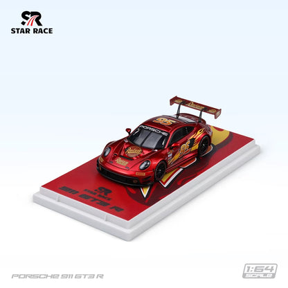 STAR RACE 1:64 Porsche 911 GT3 R Lightning McQueen #95 Red diecast model SR64054, featuring Disney Pixar Cars-inspired Rust-eze racing livery, yellow lightning bolt graphics, black racing wheels, large rear wing, and custom display base.