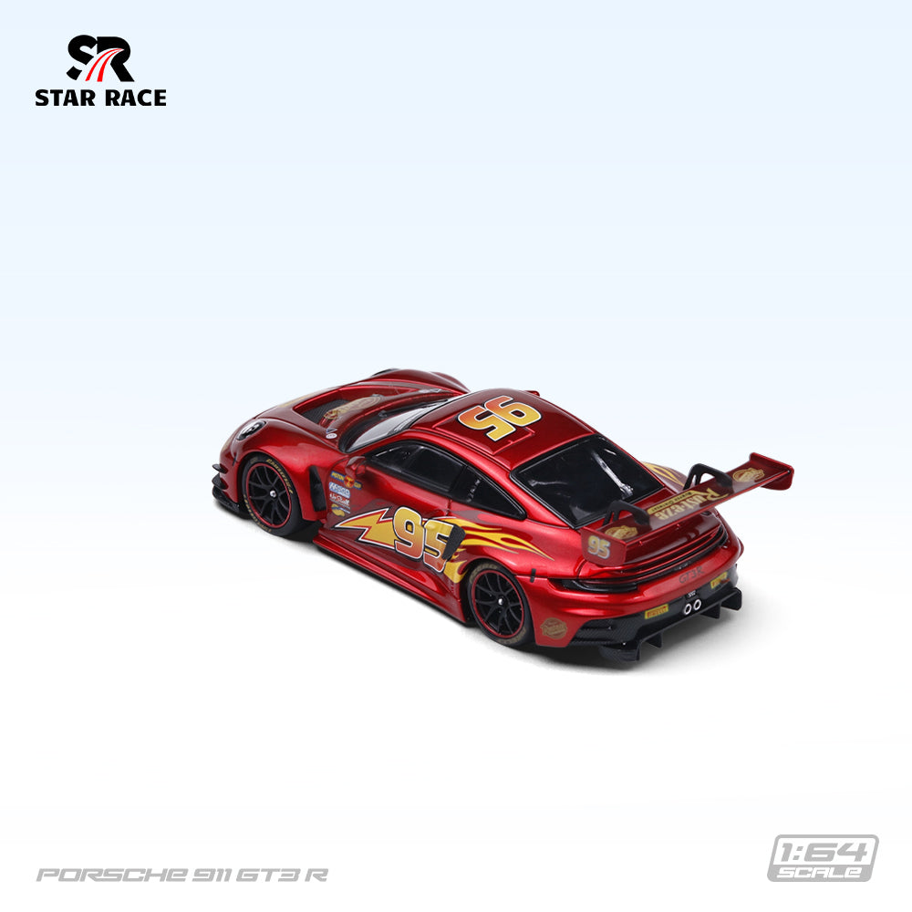 STAR RACE 1:64 Porsche 911 GT3 R Lightning McQueen #95 metallic red diecast model SR64054, rear three-quarter view featuring Rust-eze racing livery, yellow lightning bolt graphics, black racing wheels, large rear wing, rear diffuser, and dual exhaust.
