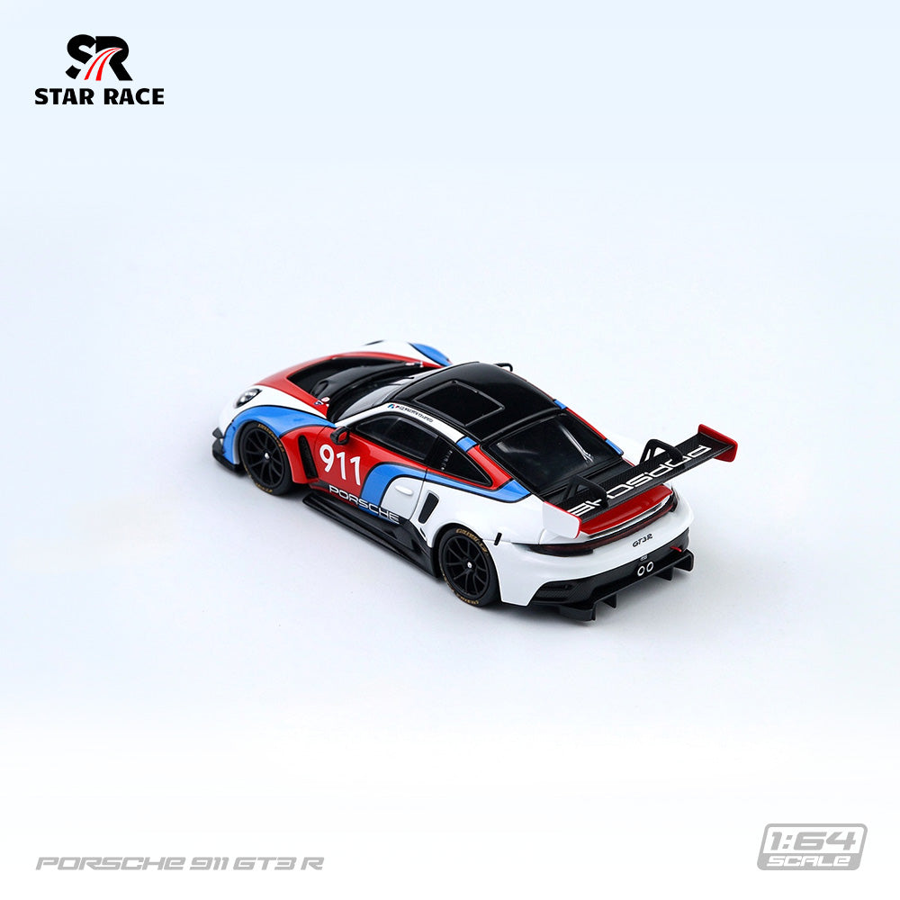 STAR RACE 1:64 Porsche 911 GT3 R #911 White Red and Blue Racing Livery Diecast Model Car Rear Three-Quarter Top View Featuring Black Roof, Porsche Rear Wing, Black Racing Wheels and Rear Diffuser SR64056.