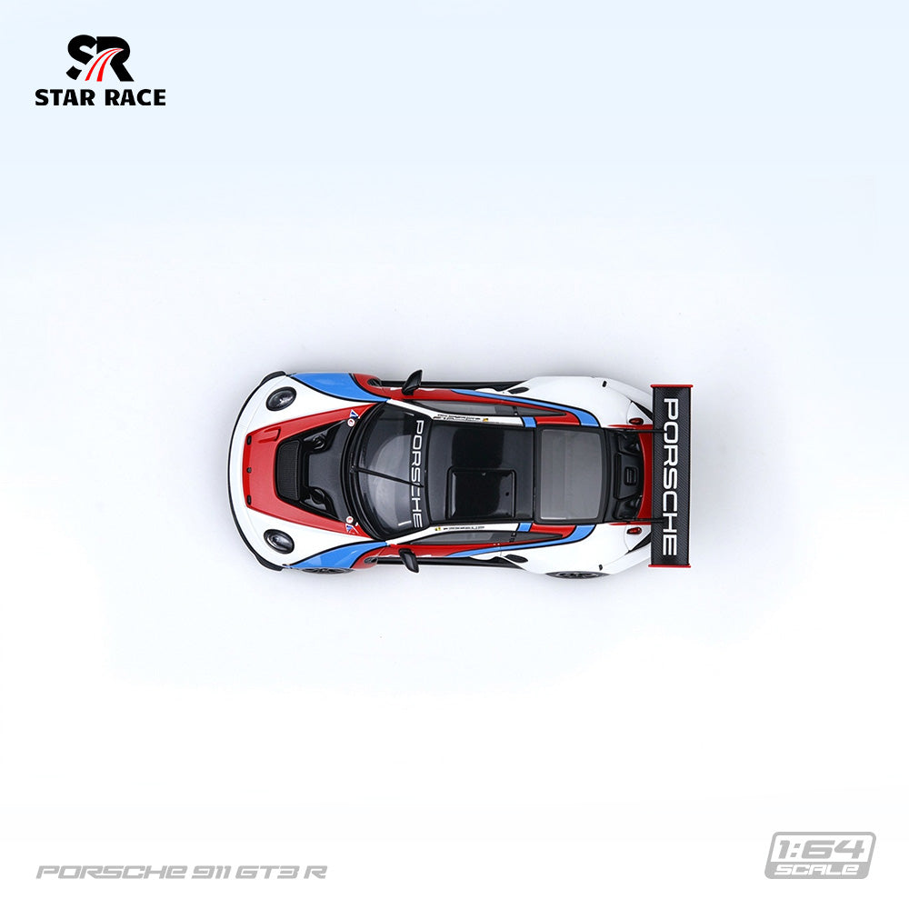 STAR RACE 1:64 Porsche 911 GT3 R #911 White Red and Blue Racing Livery Diecast Model Car Top View Featuring Black Roof, Red and Blue Racing Stripes, and Large Porsche Rear Wing SR64056.