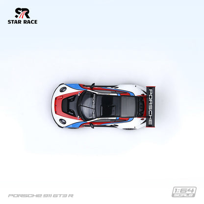 STAR RACE 1:64 Porsche 911 GT3 R #911 White Red and Blue Racing Livery Diecast Model Car Top View Featuring Black Roof, Red and Blue Racing Stripes, and Large Porsche Rear Wing SR64056.