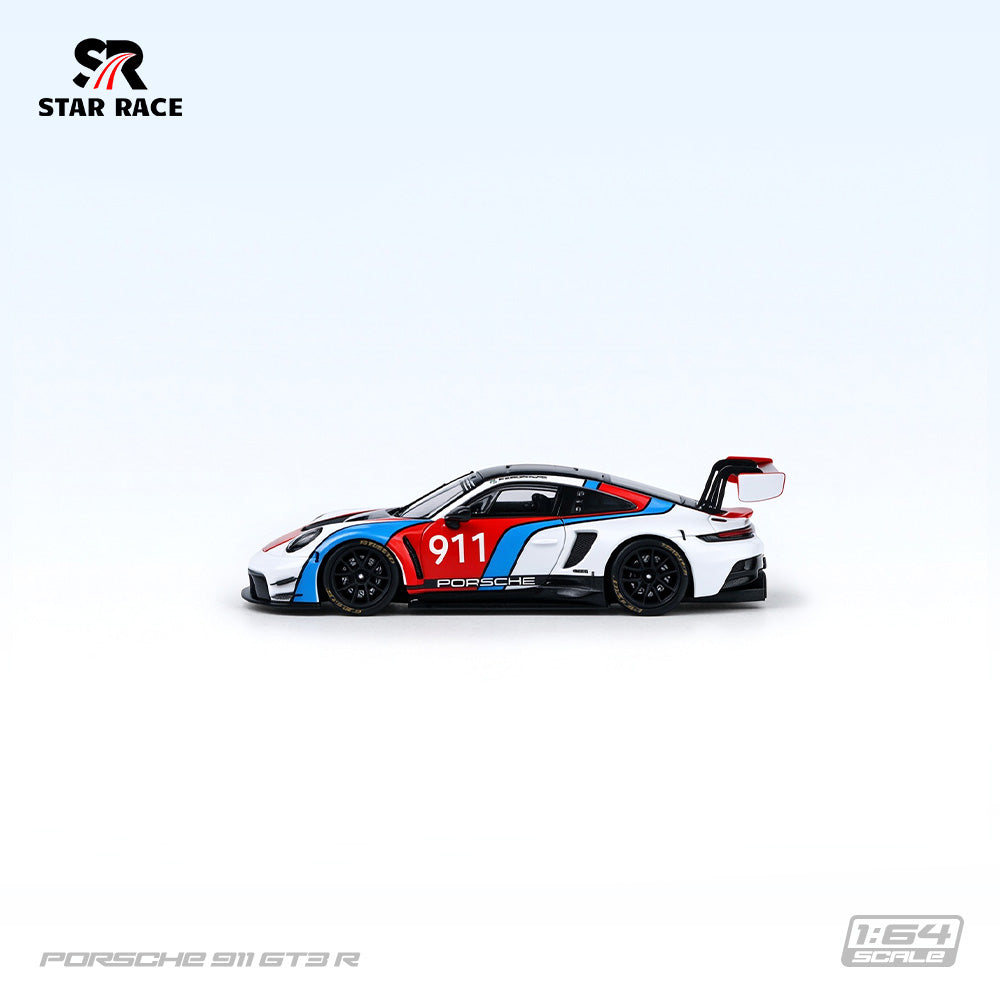 STAR RACE 1:64 Porsche 911 GT3 R #911 White Red and Blue Racing Livery Diecast Model Car Side Profile View Featuring Black Racing Wheels, Porsche Graphics, Aerodynamic Body Kit and Large Rear Wing SR64056.
