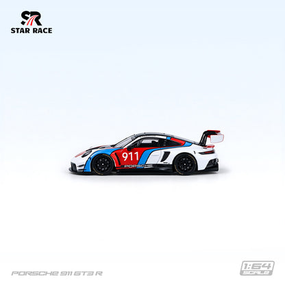 STAR RACE 1:64 Porsche 911 GT3 R #911 White Red and Blue Racing Livery Diecast Model Car Side Profile View Featuring Black Racing Wheels, Porsche Graphics, Aerodynamic Body Kit and Large Rear Wing SR64056.