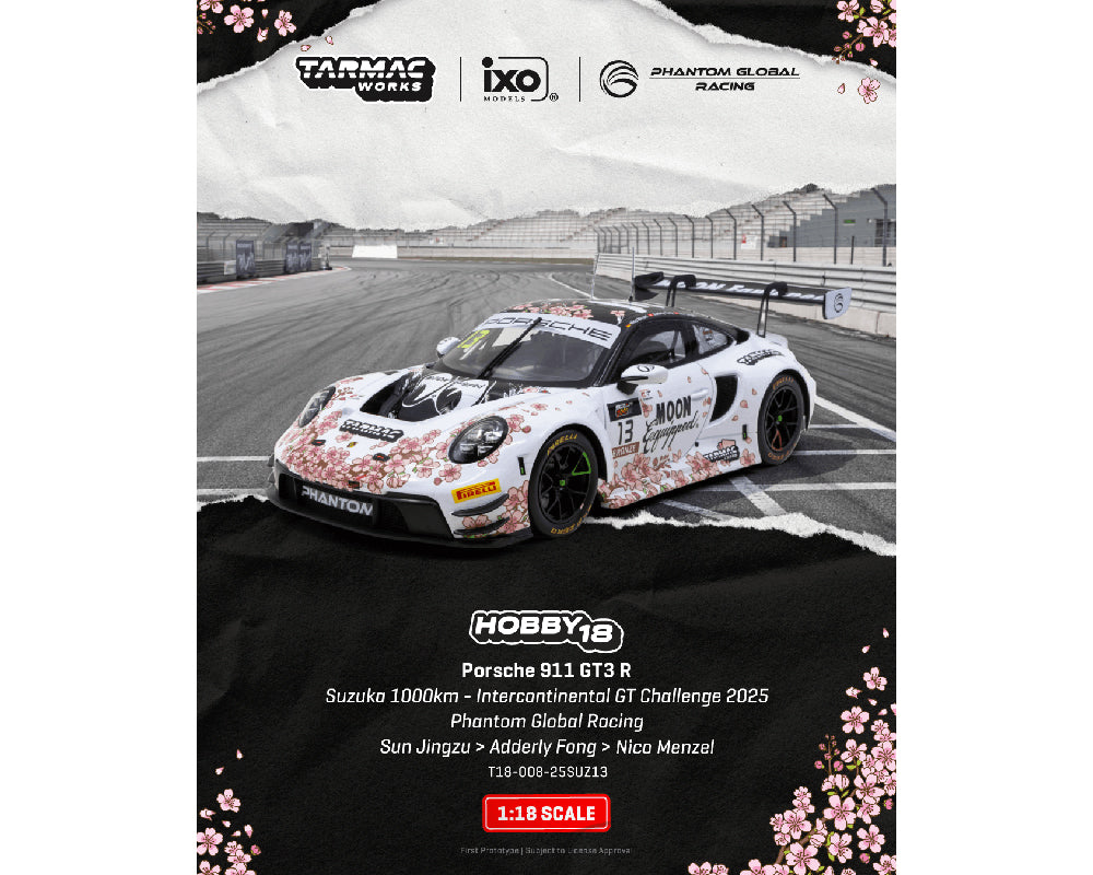 (Preorder) Tarmac Works 1:18 Porsche 911 GT3 R Suzuka 1000km – Intercontinental GT Challenge 2025 Phantom Global Racing Mooneyes Sun Jingzu / Adderly Fong / Nico Menzel T18-008-25SUZ13