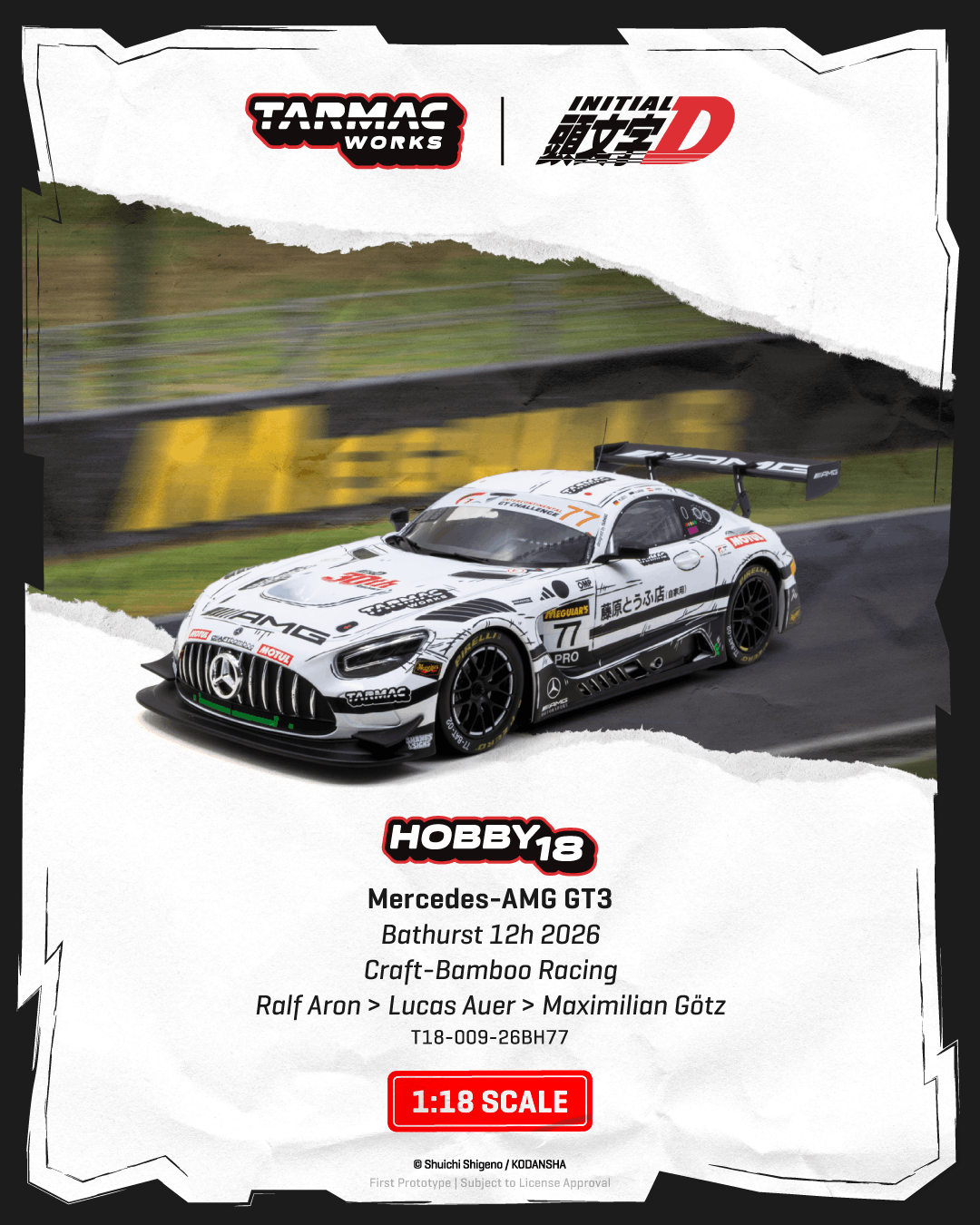 Promotional graphic for a 1:18 scale model car, featuring a white Mercedes-AMG GT3 race car on a blurred racetrack background. The design uses a torn-paper effect over a black outer border, with visible logos for Tarmac Works and Initial D, plus event text for Hobbity 2026.