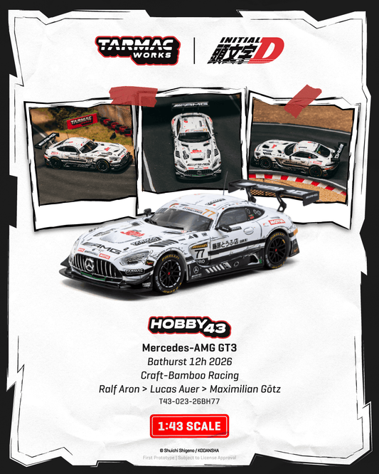 Promotional graphic for a Tarmac Works Hobby43 Mercedes-AMG GT3 scale model car, showing a white and gray race car with sponsor decals, three inset race photos, and text detailing the 1:43 scale model and race history.