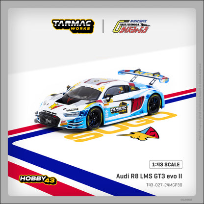 Model car of Audi R8 LMS GT3 evo II on a branded display card with Tarmac Works and Hobby43 logos.