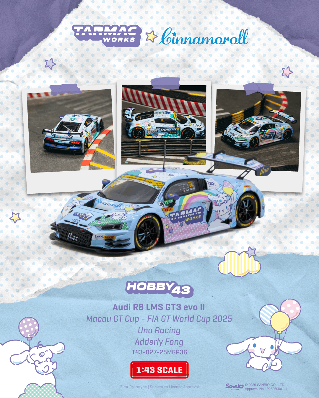 Promotional graphic for a 1:43 scale model car, showing a light blue and lavender Audi R8 LMS GT3 evo II with a Cinnamoroll-themed livery. The layout features three inset action photos of the race car on a track, cartoon illustrations of Cinnamoroll, and text detailing the model's specifications, team, and scale.