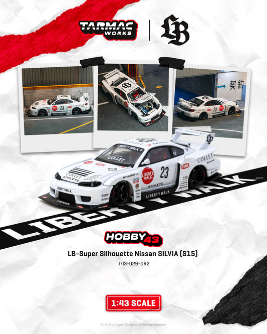 Model car of a Nissan Silvia with Tarmac Works and Liberty Walk branding on a white background.