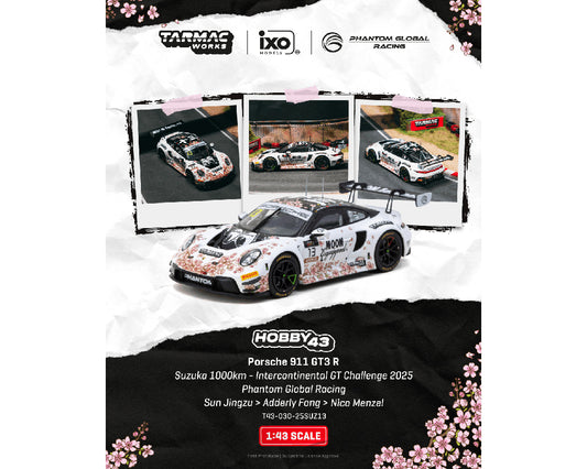 Model car with racing livery on a promotional poster featuring Tarmac Works, IXO, and Phantom Global Racing logos.