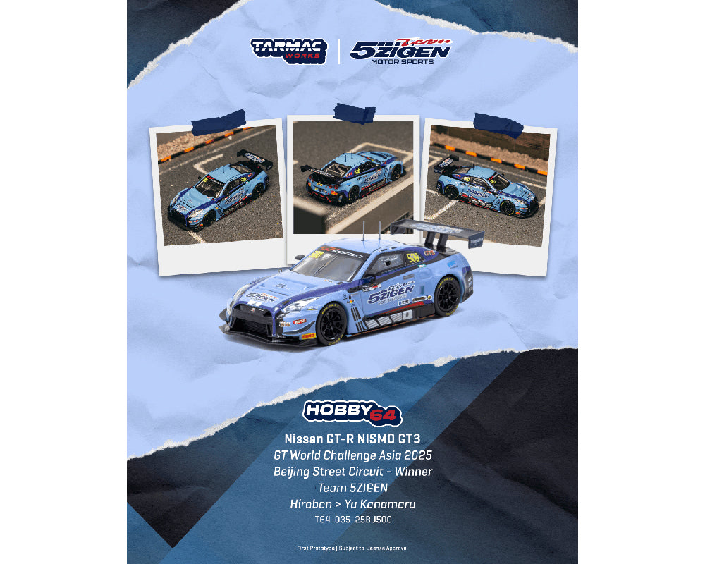 Model car display with Nissan GT-R NISMO GT3 on a blue background, featuring Tarmac Works and 5ZiGEN branding.