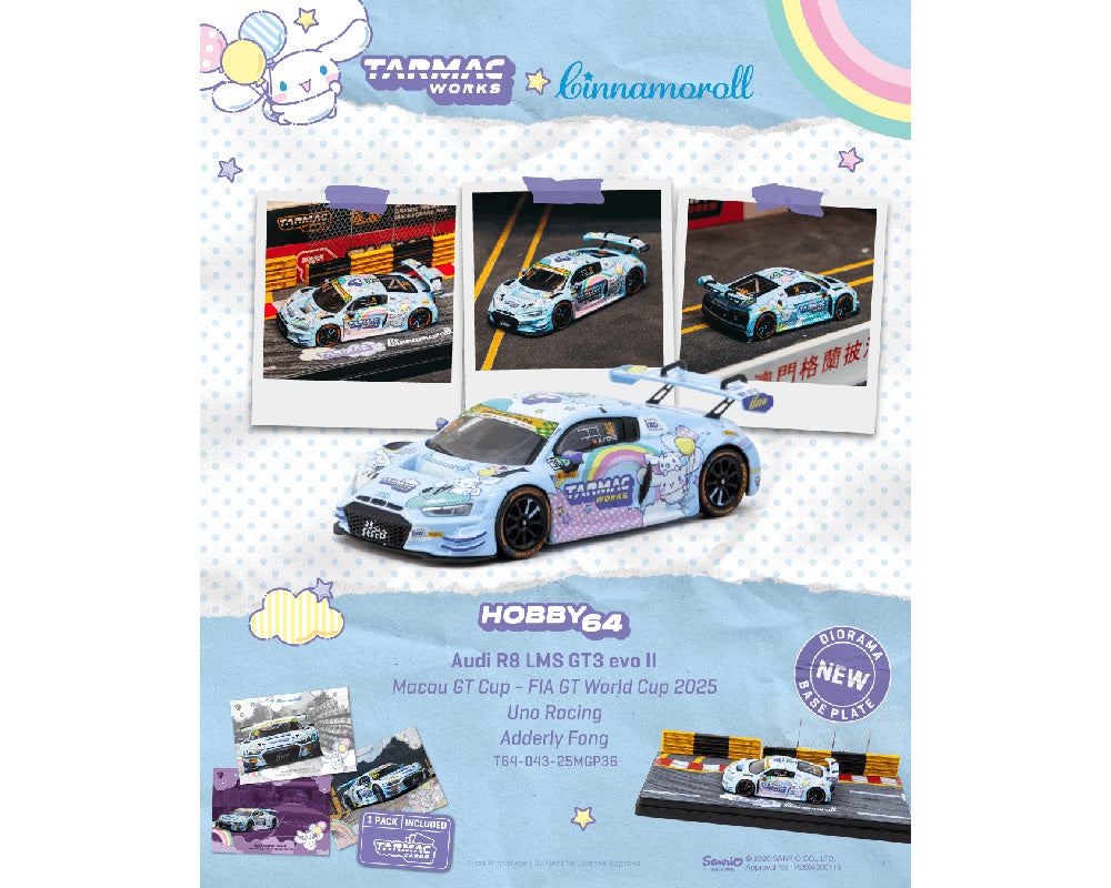 Model car packaging with Audi R8 LMS GT3 and Cinnamoroll branding on a white background.