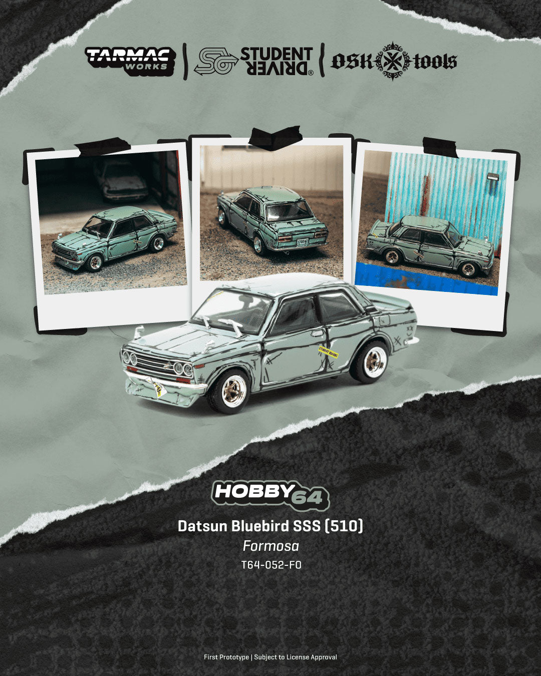 Tarmac Works 1:64 Datsun Bluebird SSS 510 Formosa OSK Tools Student Driver weathered diecast model, multi-angle view
