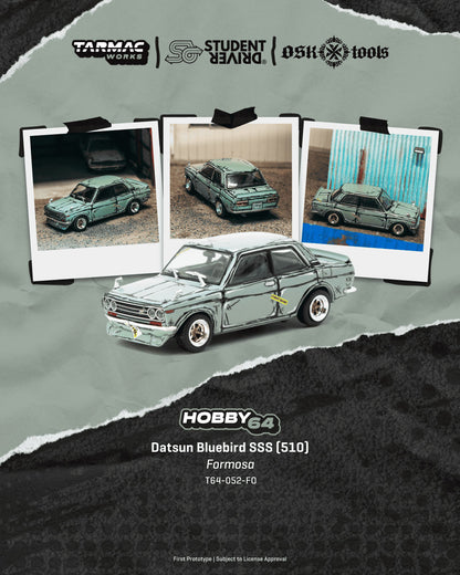 Tarmac Works 1:64 Datsun Bluebird SSS 510 Formosa OSK Tools Student Driver weathered diecast model, multi-angle view