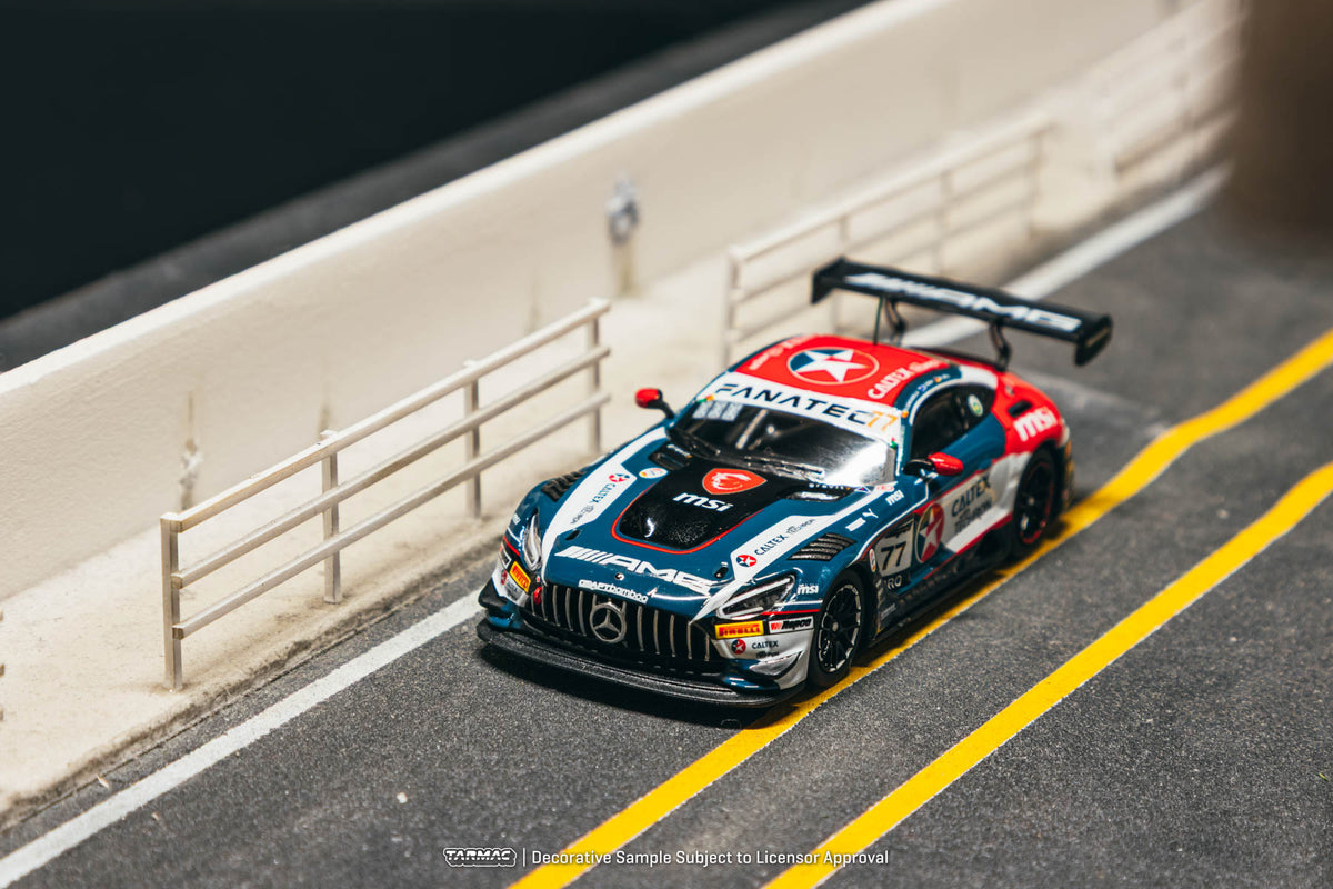 Tarmac Works 1:64 Mercedes-AMG GT3 #77 Caltex Racing 2024 Bathurst 12H diecast model on pit lane diorama