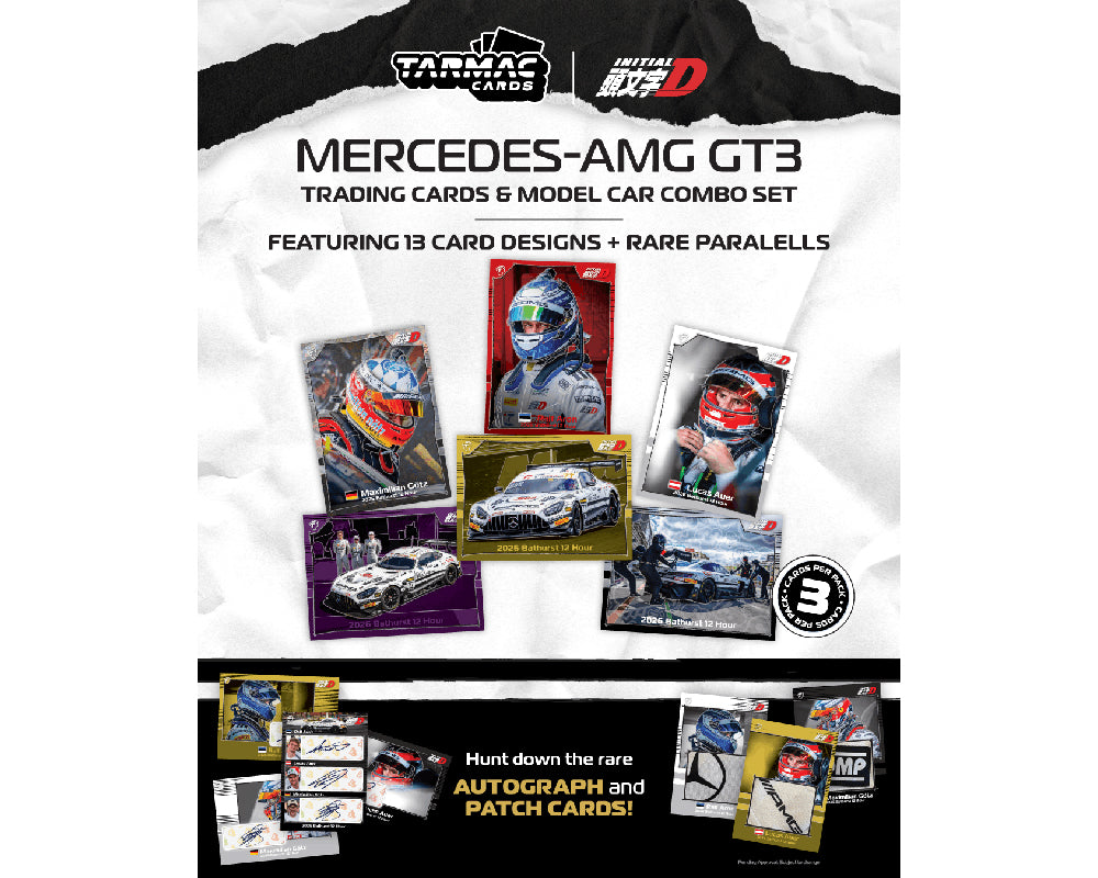 Tarmac Cards x Initial D Mercedes-AMG GT3 Trading Cards and Model Car Combo Set featuring Craft-Bamboo Racing Bathurst 12 Hour collectible cards with autograph, patch and parallel chase inserts