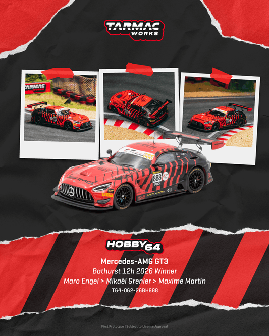 Promotional graphic for a Tarmac Works Hobby64 Mercedes-AMG GT3 scale model car, featuring a red and black livery car in the foreground with three polaroid-style photos of the real race car on a track, set against a black background with red torn-paper accents.