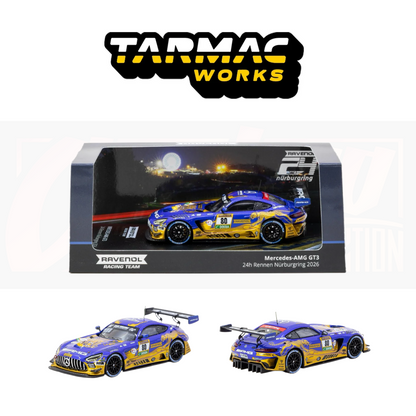 Tarmac Works 1:64 Mercedes-AMG GT3 #80 Ravenol Racing Team 24h Nürburgring 2026 blue and yellow race car diecast model, T64-062-26NUR80.